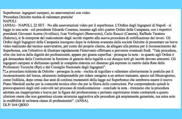 No alle asseverazioni video per il Superbonus: l’Agenzia Ansa riprende la nota di protesta dell’Ordine di Napoli con gli altri quattro ordini campani