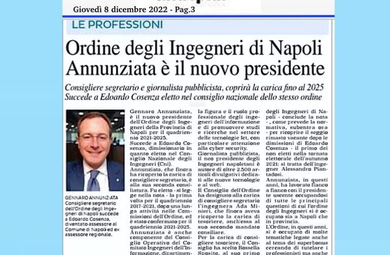 Gennaro Annunziata nuovo Presidente dell’Ordine Ingegneri di Napoli – La notizia sul quotidiano Metropolis dell’8 dicembre 2022