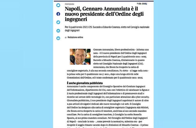 Gennaro Annunziata nuovo presidente dell’Ordine degli Ingegneri della Provincia di Napoli – La notizia sul Corriere del Mezzogiorno.it
