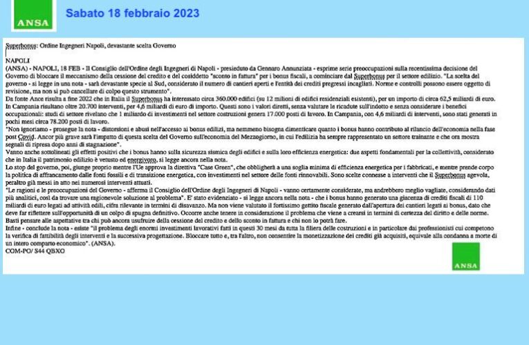 Stop Superbonus: l’allarme del Consiglio dell’Ordine degli Ingegneri di Napoli ripreso dall’Agenzia Ansa